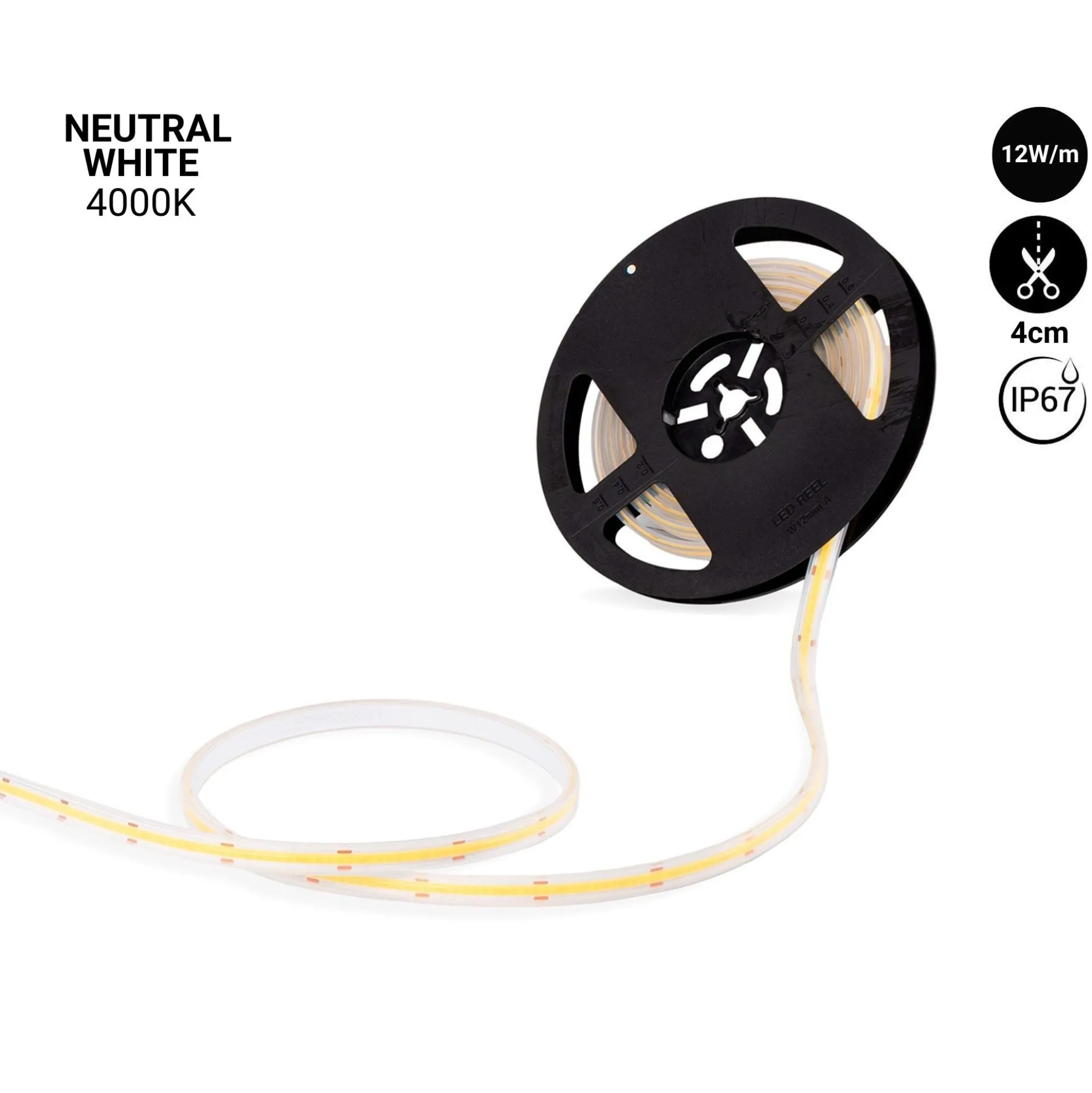 Tira LED COB 24V DC - 12W/m - 10mm - IP67 - Rollo de 5 metros - Corte cada 4cm