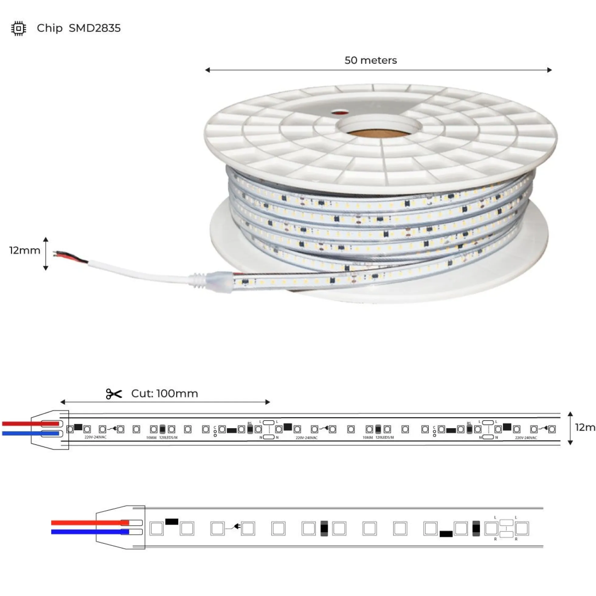Tira LED 220V - 950W (6000xSMD2835) 12mm - IP67 - Rollo 50 metros - Corte cada 10cm
