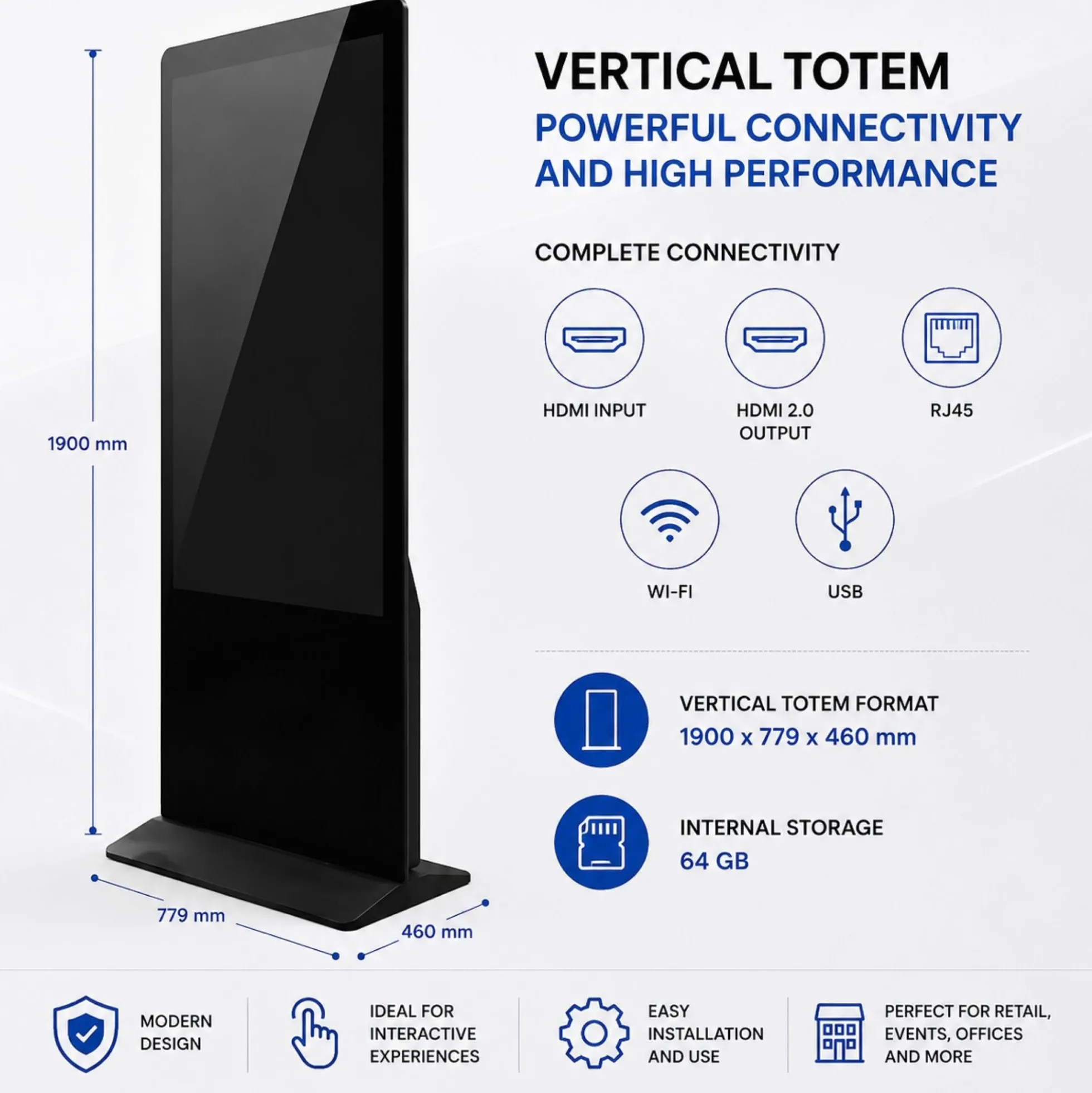 Tótem Publicitario Digital Táctil 55" Full HD - Android 13 - Cartelería Vertical Interior
