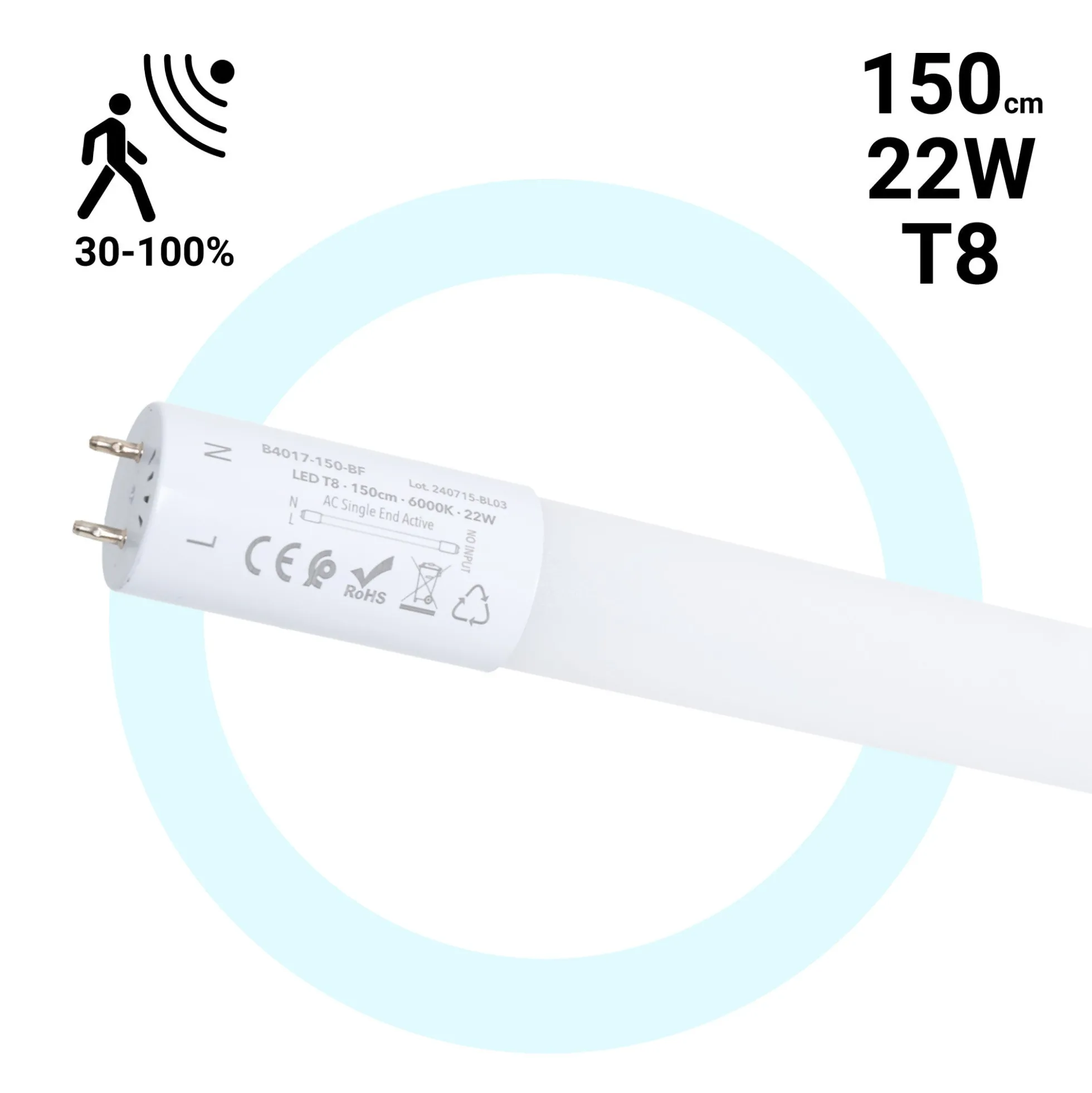 Tubo LED T8 con sensor de movimiento microondas 30-100% - 22W - 150 cm - 6000K