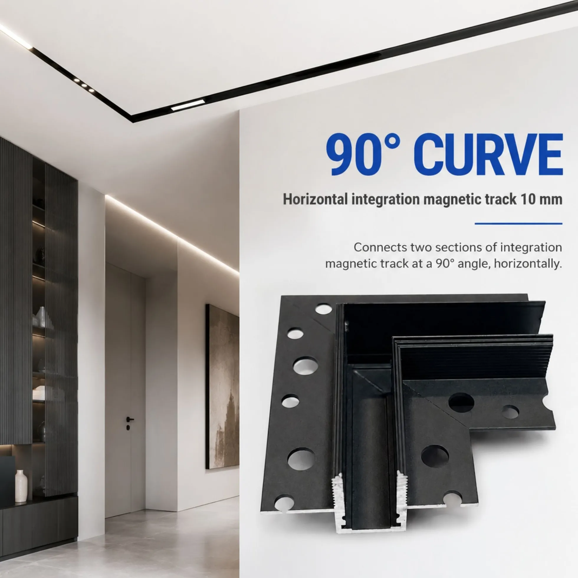 Unión 90 grados horizontal para carril magnético de integración/trimless - 10mm